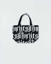 Kingz Jiu Jitsu Typo Eco Bag - Fabric Pattern Close-Up - White Gothic Typography on Black Canvas BJJ Bag