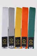 Kingz Solid Color Kids Belts White Gray Yellow Orange Green - Flat Lay Product Only Multicolor Belts Black Label Crown Badge High Quality Cotton M3 Tag BJJ Rank Belt Training [color:White]