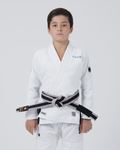 Kingz Nano 3.0 Youth BJJ Gi White - Upper Body Front View Young Athlete Gray Belt NANO Text Crown Logo 380gsm Youth Kids Size