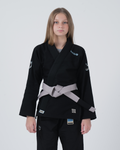 Kingz Nano 3.0 Youth BJJ Gi Black - Upper Body Front View Girl Athlete Gray Belt NANO Text Crown Logo 380gsm Youth Kids Size