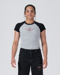 Kingz Gentle Art Club Women's Baby Tee - Worn View - Gentle Art Club Raglan Chest Graphic - Grey Women's BJJ Tee [color:Grey]