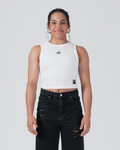 Kingz Kore Women's Crop Tank White - Front View Female Model White Tank Crown Logo Chest Black Label Hem Streetwear Fashion [color:White]