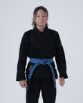 Kingz Born to Rule Women's Jiu Jitsu Gi Black - Full Body Front View Female Athlete Black Gi Blue Belt Subtle Logo Left Chest Durable Fabric BJJ Training Gi [color:Black]