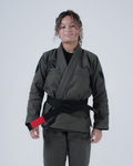 Kingz Born to Rule Women's Jiu Jitsu Gi Military Green - Front View Female Athlete Black Logo Shoulder Embroidered Text Pants Diamond Weave Fabric Durable Construction BJJ Gi Training [color:Military Green]