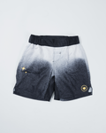 Kingz Galaxy Youth Shorts Black White - Flat Lay Product Shot Galaxy Gradient White Top to Black Bottom Speckle Pattern Gold Star Sparkles Left Side Gold Circular Crown Badge Right Side Black Waistband Kids Grappling Shorts No-Gi BJJ [color:Black/Galaxy]