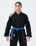Kingz Empowered Women's Jiu Jitsu Gi - Black - Front View Female Athlete Black Gi Pink Accents Kingz Logo Left Waist Pink Crown Badge Sleeves Durable Weave Women's BJJ Gi Training [color:Black]