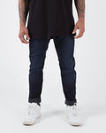Kingz Casual Denim Gi Pant Denim - Front View Male Athlete Dark Denim Slim Fit Contrast Stitching White Sneakers Jiu Jitsu Gear [color:Denim]