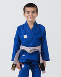 Kingz Kore V2 Youth BJJ Gi Blue - Upper Body Front View Young Athlete Gray Belt KINGZ Logo 380gsm Youth Kids Size