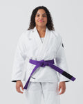 Kingz Kore V2 Women's BJJ Gi White - Upper Body Front View Female Athlete Purple Belt 380gsm Micro Pearl Weave