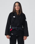 Kingz Kore V2 Women's BJJ Gi Black - Upper Body Front View Female Athlete Black Belt Red Bar Crown Logo KINGZ Patch 380gsm