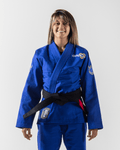 Kingz Nano 2.0 Womens Jiu Jitsu Gi Blue - Front View Female Athlete Blue Gi Black Belt Embroidered Logos Shoulder and Hip Crown Badge Left Sleeve Durable Weave BJJ Training Gi [color:Blue]
