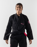 Kingz Balistico 3.0 Women's Jiu Jitsu Gi Black - Front View Female Athlete Black Gi Pink Kingz Logo Chest and Sleeve Crown Badge Black Belt Contrast Stitching BJJ Training Gi [color:Black]