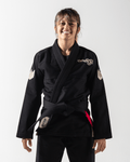 Kingz Nano 2.0 Womens Jiu Jitsu Gi Black - Front View Female Athlete Embroidered Shoulder Logos Crown Badge Sleeves Black Belt Contrast Stitching Durable Fabric Women's BJJ Gi Training Jiu Jitsu Gear [color:Black]