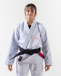 Kingz Balistico 3.0 Women's Jiu Jitsu Gi White - Front View Female Athlete Pink Kingz Chest Logo Crown Badge Waist Black Belt Durable Weave BJJ Gi Training Jiu Jitsu Gear [color:White]