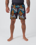 Kingz Patchwork Shorts Black/Patchwork - Full Body Front View Male Athlete Multicolor Geometric Patchwork Pattern KINGZ Crown Badge Left Thigh Elastic Waistband Training No-Gi BJJ Grappling Shorts [color:Black/Patchwork]