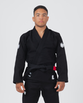 Kingz The ONE V2 BJJ Gi Black front view showing black belt with red bar and white crown chest logos