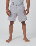 Kingz Ghost Grappling Shorts Silver Gray - Full Body Front View Male Athlete Light Silver Gray Color Small White Crown Logo Right Thigh Gray Waistband Minimal Design Competition Cut Men's Grappling Shorts No-Gi BJJ Ghost Collection [color:Silver]