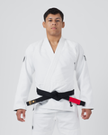 Kingz The ONE V2 BJJ Gi White front view showing black belt with red bar and black crown shoulder logos