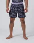 Kingz Viper Hybrid Shorts Black Purple - Full Body Front View Male Athlete Hexagonal Camo Pattern Sublimated Lavender Elastic Waistband Lime Green Crown Logo Right Thigh Competition Cut Men's Grappling No-Gi BJJ [color:Black/Purple Patterned]