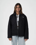 Kingz Mechanic Jacket Black - Front View Female Model Zipper Closure Embroidered Kingz Logo Left Chest Minimalist Design Casual Fit Hoodies BJJ Training Apparel [color:Black]