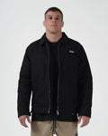 Kingz Mechanic Jacket Black - Front View Male Athlete Black Jacket Silver Zipper Kingz Script Logo Left Chest Casual Fit Outerwear BJJ Training [color:Black]