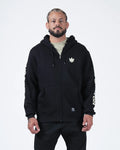 Kingz No Days Off Zip Up Hoodie - Front Worn View - White Crown Chest Logo and Sleeve Print - Black - BJJ Streetwear Hoodie [color:Black]