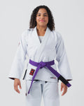 Kingz Ultralight 2.0 Women's Competition Jiu Jitsu Gi White - Front View Female Athlete White Gi Purple Belt Kingz Crown Badge Right Waist Ultralight Text Left Waist Durable Stitching BJJ Gi [color:White]