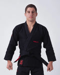 Kingz Ultralight 2.0 BJJ Gi Black - Front View Male Athlete Wearing Black Gi Red ULTRALIGHT Text Crown Logo Patch Lightweight Competition Kimono