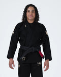 Kingz Pursue the Gentle Art Limited Edition Women's Gi Black - Front View Female Athlete Gold Crown Badge Sleeve Black Belt Red Tab Embroidered Text Durable Fabric BJJ Gi Training