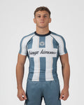 Kingz Vintage Futebol Rashguard Blue White Stripe - Full Body Front View Male Athlete Short Sleeve Retro Football Kit Vertical Stripes Kingz Kimonos Cursive Text Crest Badge [color:Green/Vintage]