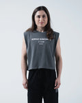 Kingz HQ Women's Crop Tank Charcoal Gray - Front View Female Model Sleeveless Design White KINGZ KIMONOS Text Chest Relaxed Fit Streetwear [color:Charcoal Gray]