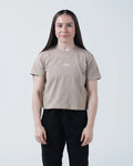 Kingz Script Women's Heavyweight Tee Natural - Front View Female Model Short Sleeve Beige Tee White Script Logo Chest Casual Fit Streetwear [color:Natural]