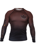 Kingz Crown 3.0 Ranked Rash Guard - Brown - Front View Hexagon Pattern Crown Badge Chest Bold KINGZ Sleeve Text Gradient Design Long Sleeve BJJ No-Gi Training Rash Guard