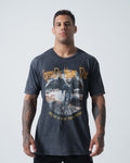 Kingz Ascend Tee Dark Gray - Full Body Front View Male Athlete Graphic Print "Legends Never Die" Text Washed Texture Short Sleeve Casual Fit BJJ Training Apparel [color:Dark Gray]