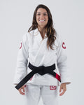 Kingz Classic 3.0 Women's BJJ Gi White - Upper Body Front View Female Athlete Black Belt Red Crown Badge Logo 450gsm Pearl Weave Plus