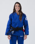 Kingz Classic 3.0 Women's BJJ Gi Blue - Upper Body Front View Female Athlete Purple Belt Crown Badge Logo 450gsm Pearl Weave Plus