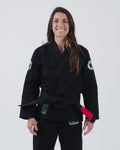Kingz Classic 3.0 Women's BJJ Gi Black - Upper Body Front View Female Athlete Black Belt Teal Crown Logo 450gsm Pearl Weave Plus