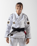 Kingz Comp 450 V6 Women's Gi - White - Front View Female Athlete Black Crown Shoulder Patches Yellow Trim Heavy Lies The Crown Text Black Belt White Fabric BJJ Gi Training [color:White]