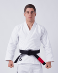 Kingz Kore Jiu Jitsu Gi - White - Front View Male Athlete White Gi Black Belt Crown Badge Lower Hem Classic Fit BJJ Kimono Training [color:White]
