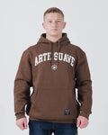 Kingz Arte Suave V2 Hoodie Brown - Front View Male Model Brown Hoodie White ARTE SUAVE Text Center Crown Badge Kangaroo Pocket Streetwear Casual Apparel [color:Brown]