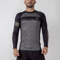 Kingz Digital Camo L/S Rash Guard Camo - Full Body Front View Male Athlete Gray Camo Pattern Black Sleeves Olive Crown Badge Arm Text Panel Fitted Design BJJ No-Gi Training Rash Guard [color:Camo]