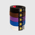 Kingz Premium BJJ Belts - Stacked Front View Multi-Color Belts Black Brown Purple Blue White Yellow Crown Badge KINGZ Label Durable Cotton Jiu Jitsu Gear [color:White]
